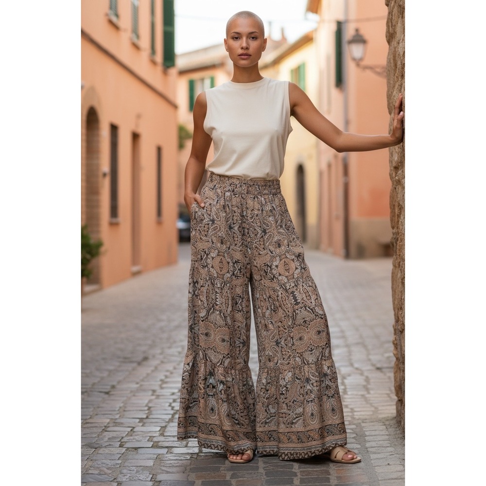 Earthbound Trading Co Paisley Tiered Wide Leg Palazzo Pants Brown Boho Medium